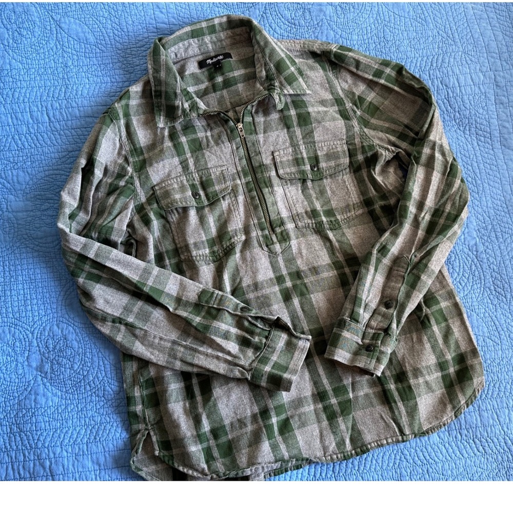 Madewell Plaid Quarter‎ Zip Flannel Shirt Green Grey Long Sleeve Button Pocket